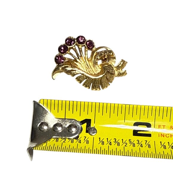 Vintage Gold Tone Brooch with Purple Rhinestones Floral Design - Picture 6 of 8